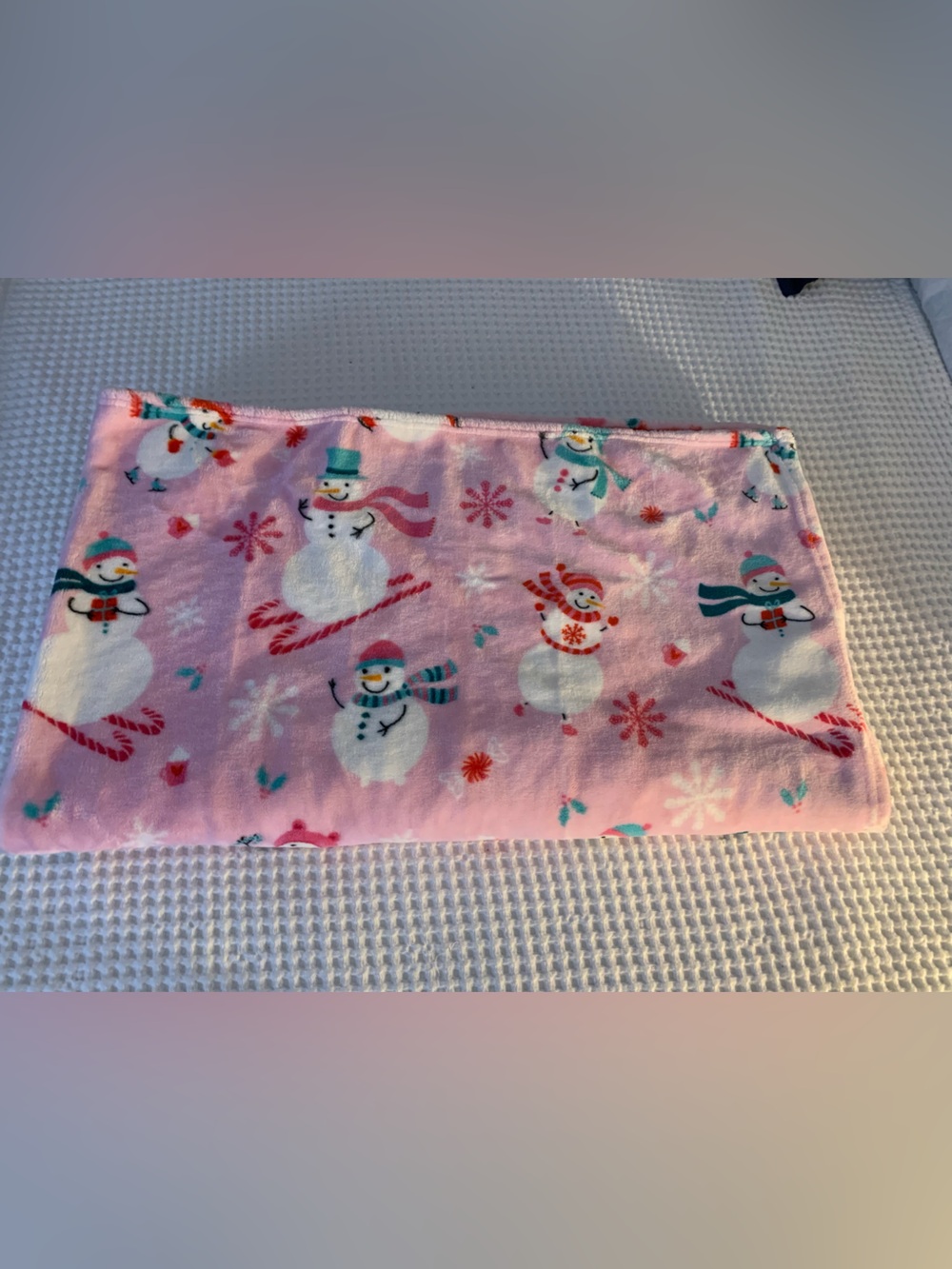 Rachel Zoe Pink Snowman Throw Blanket with Festive Motif